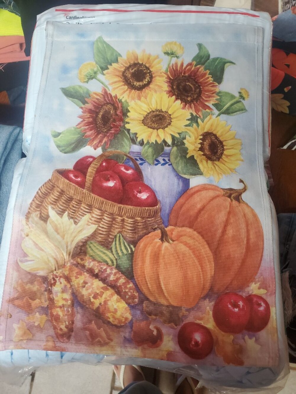 Fall garden flag with pumpkins, apples and sunflowers